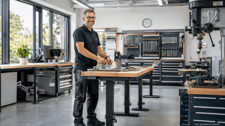Ein Handwerker steht in seiner Werkstatt an einer Werkbank und grinst