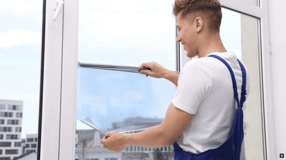 Eine Fensterfolie wird auf ein Fenster angebracht
