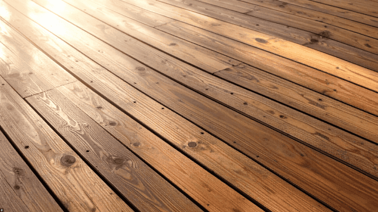 Holzterrassendielen werden von der Sonne angestrahlt