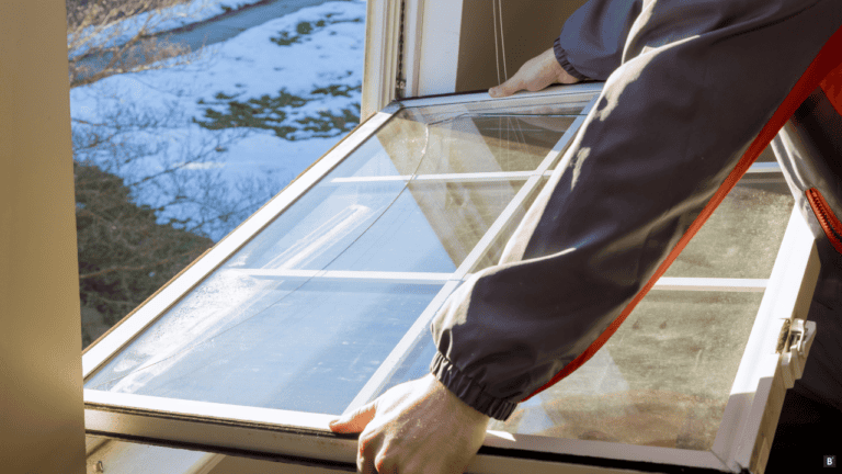 Ein Fensterglas ist gebrochen und wird weggetragen
