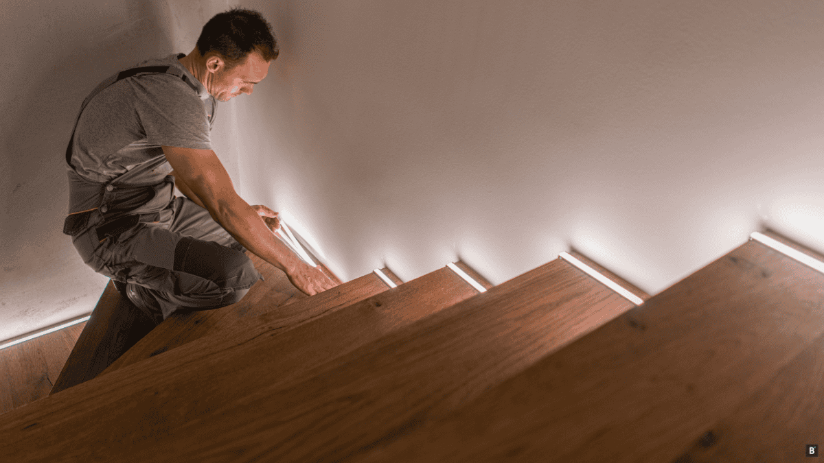 Ein LED-Band wird auf Treppenstufen geklebt